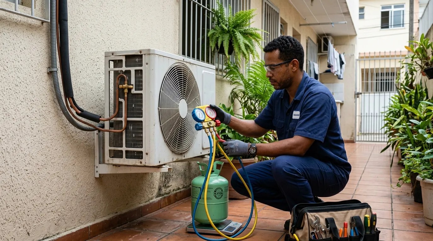 Técnico fazendo carga de gás na condensadora do ar-condicionado em São José dos Campos‑SP