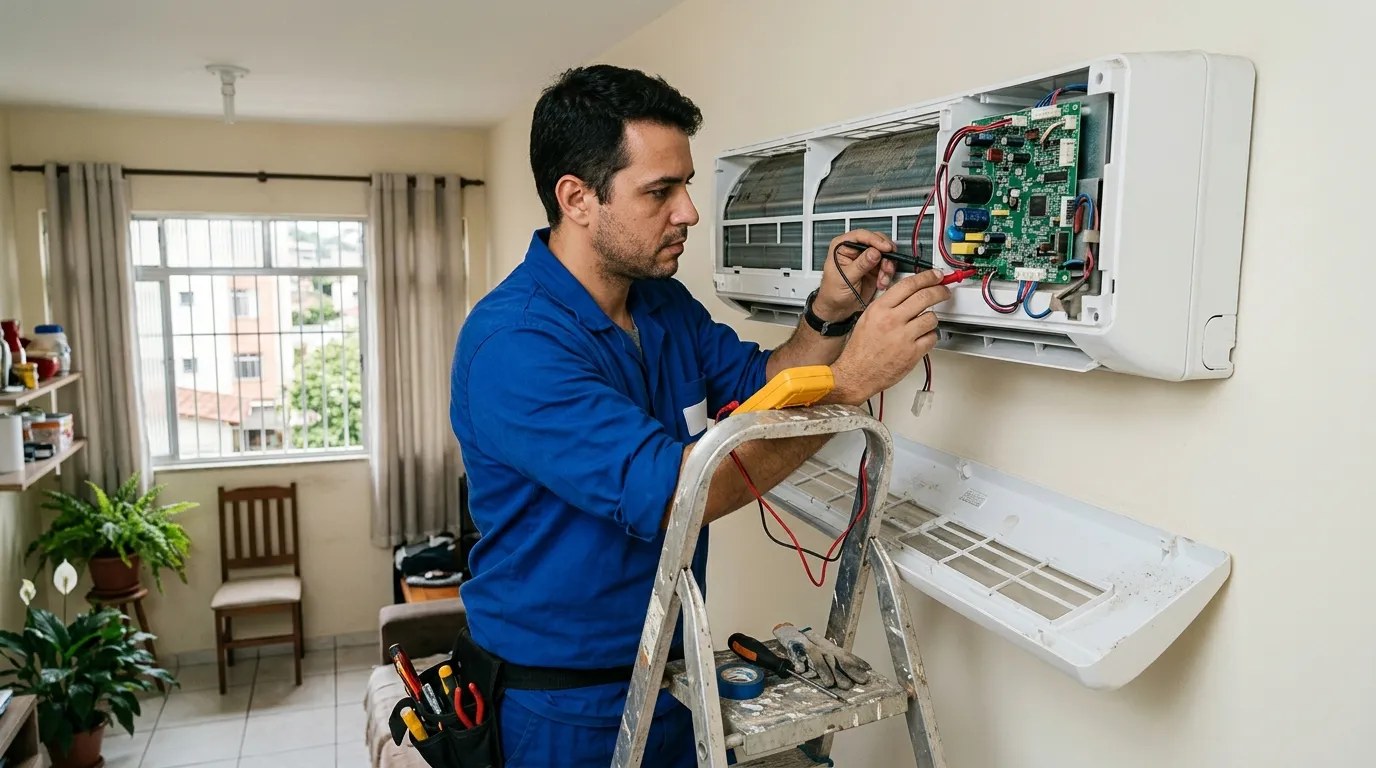 Técnico trocando a placa eletrônica de ar-condicionado split em São José dos Campos‑SP