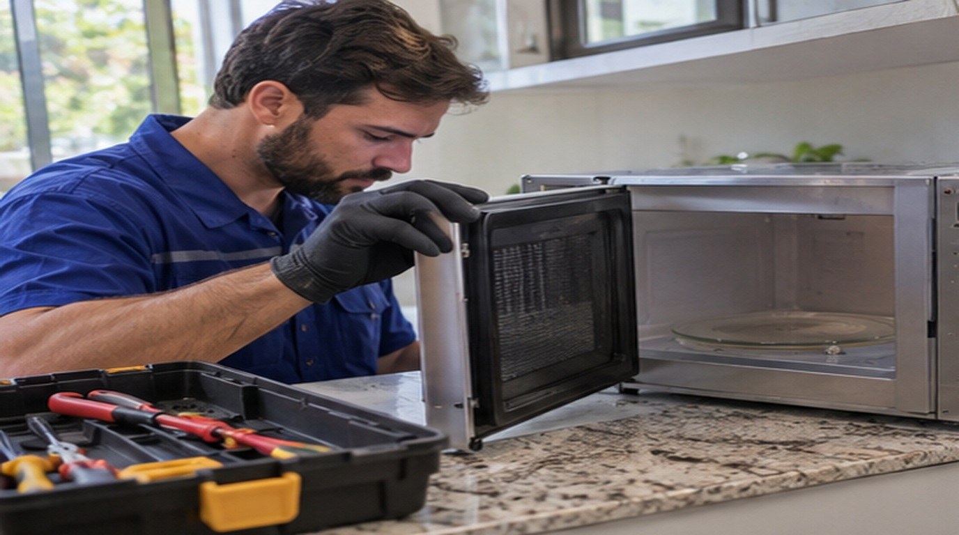 Conserto de micro-ondas em São José dos Campos‑SP: técnico abrindo um micro-ondas de bancada
