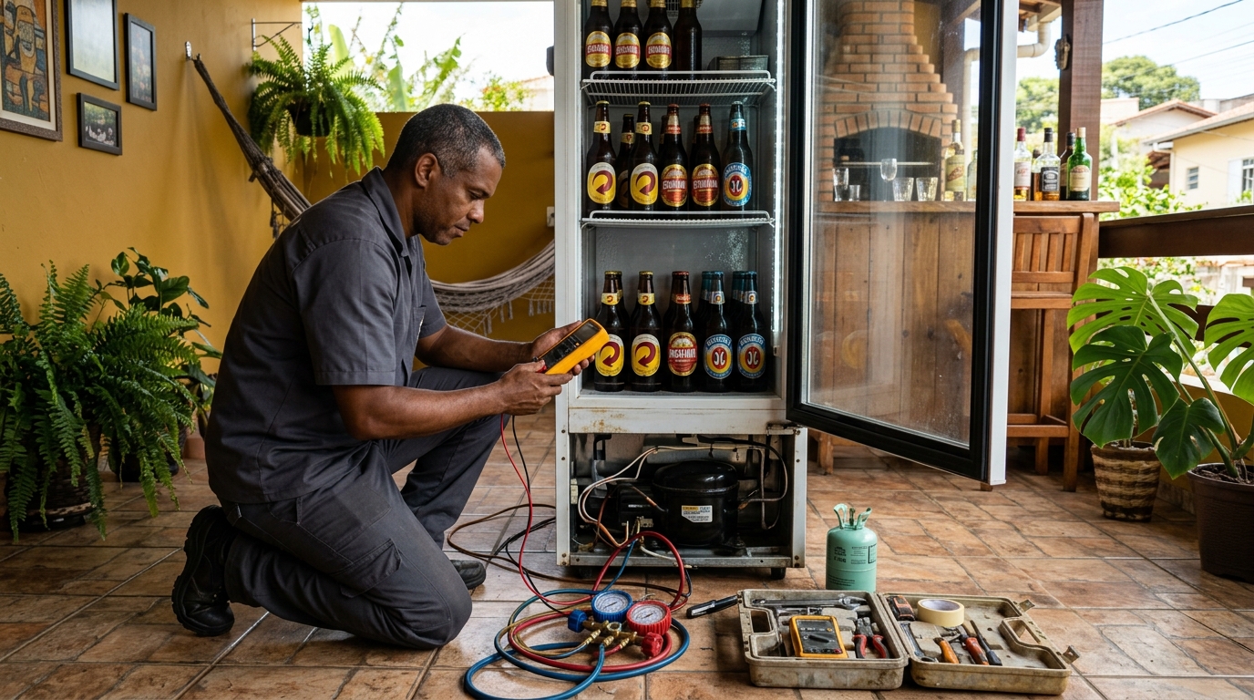 Placa eletrônica de cervejeira em reparo na bancada em São José dos Campos‑SP