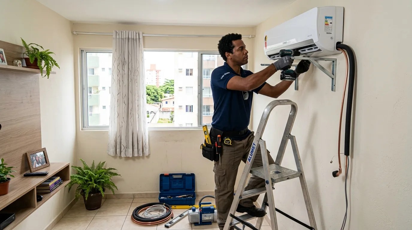 Técnico instalando ar-condicionado split em residência em São José dos Campos‑SP