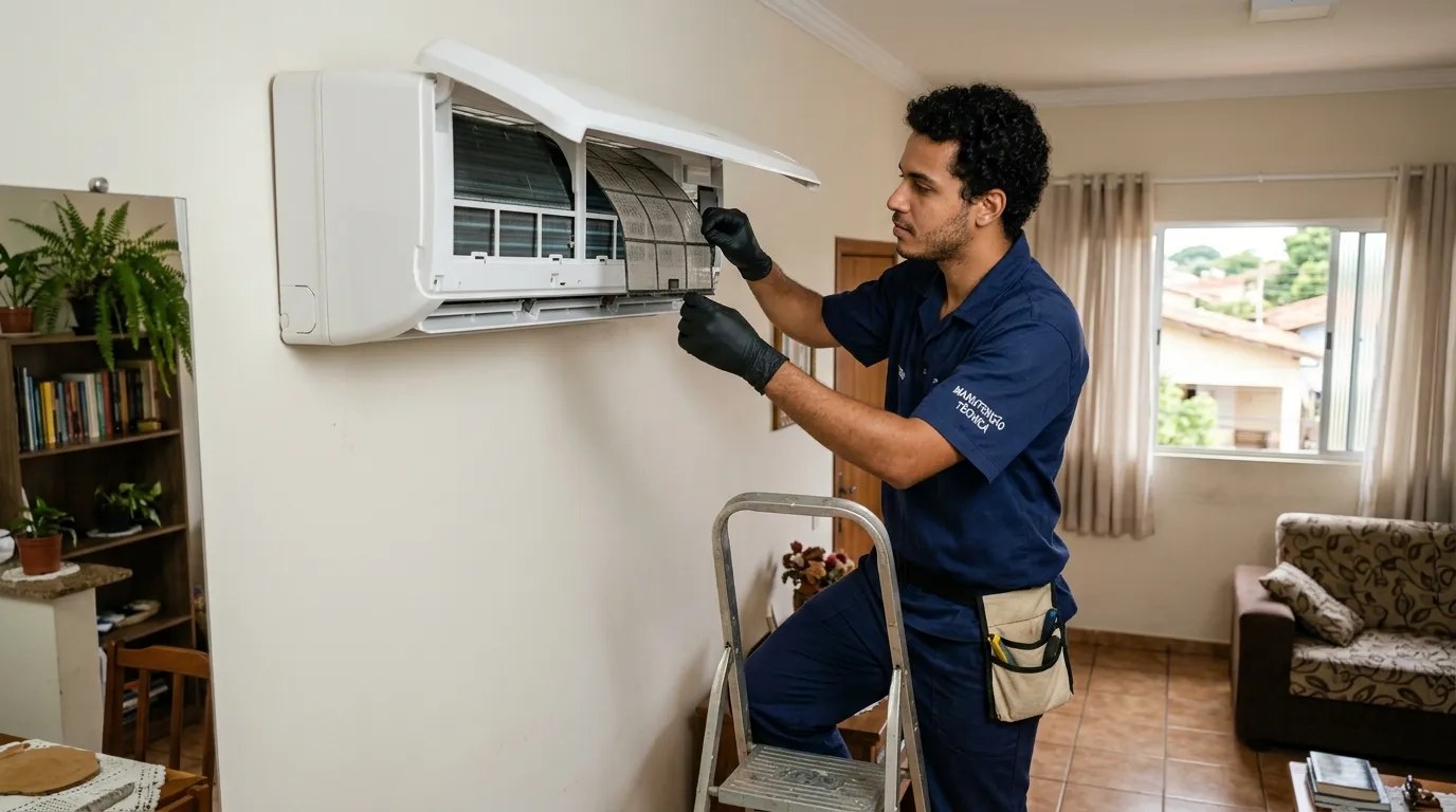 Técnico fazendo limpeza e higienização de ar-condicionado split em São José dos Campos‑SP