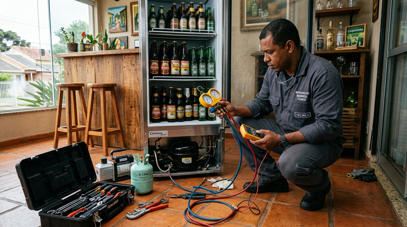 Técnico revisando o motor de uma cervejeira durante chamado em São José dos Campos‑SP