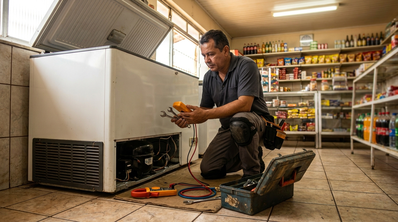 Técnico reparando o motor de um freezer horizontal em São José dos Campos‑SP