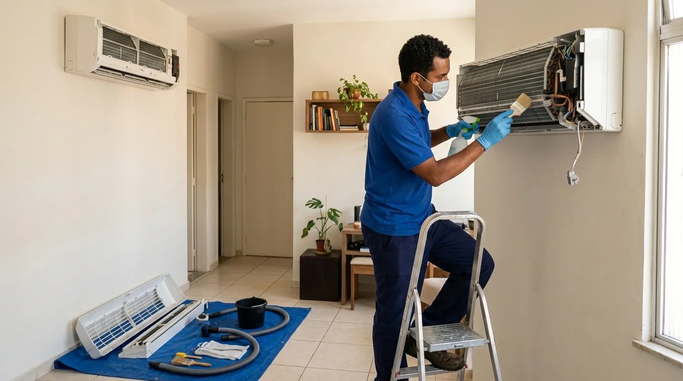 Técnico fazendo manutenção de ar-condicionado split em São José dos Campos‑SP
