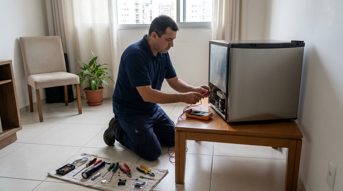 Técnico avaliando um frigobar compacto durante atendimento em São José dos Campos‑SP